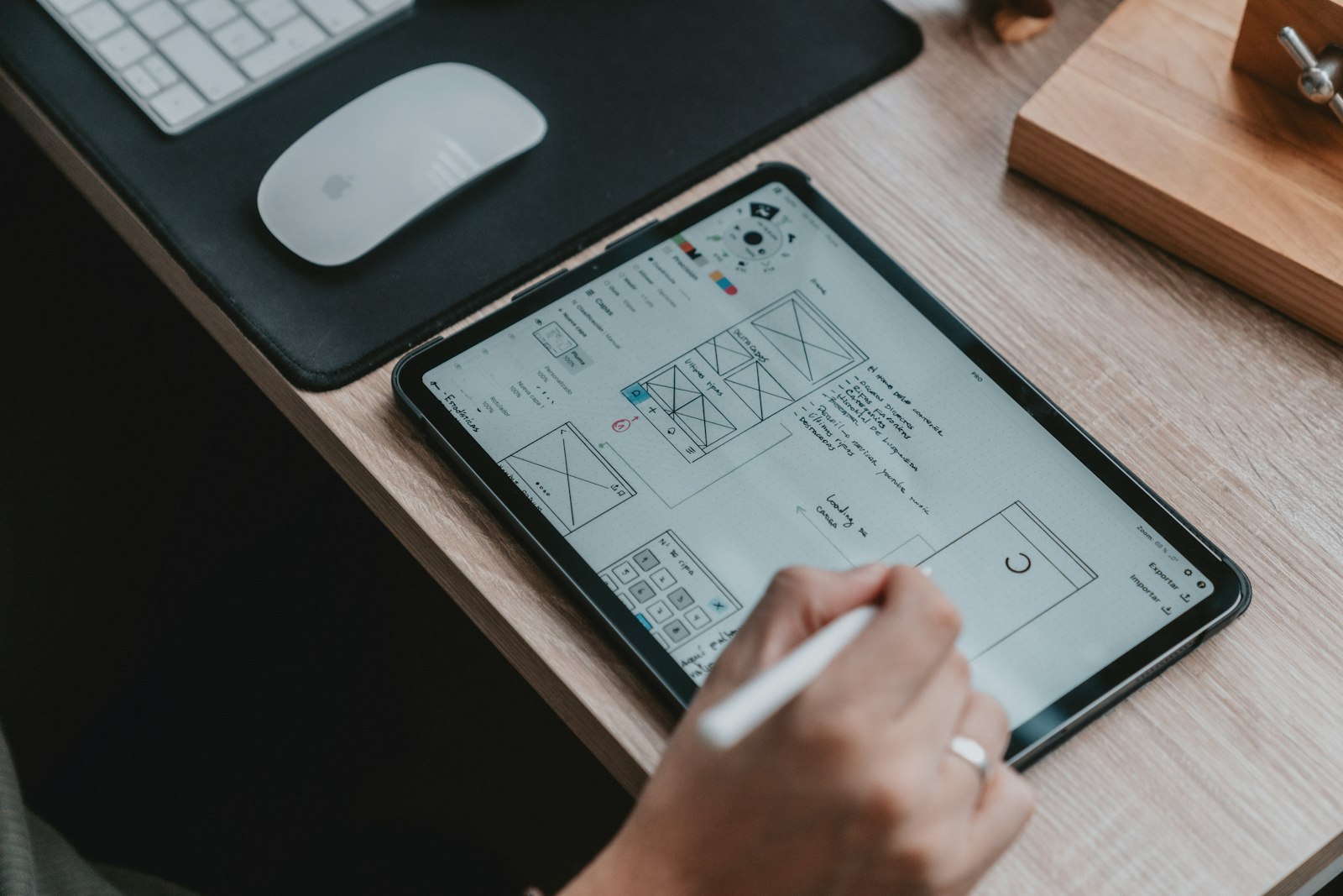 Hands using a stylus on a tablet displaying website wireframe sketches on a desk